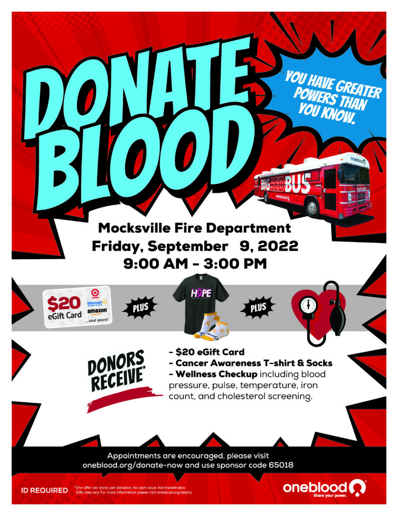 Poster for Septemeber 9 2022 blood drive at Mocksville NC Fire Department 