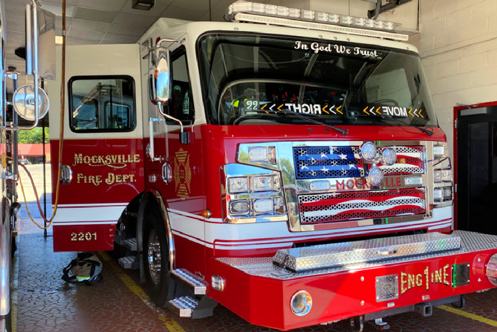 The Town of Mocksville Fire Department Fire engine 2201 inside the station. 