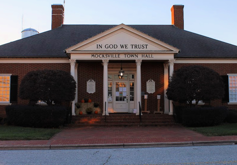The Mocksville Town Hall Building outside at sunset.